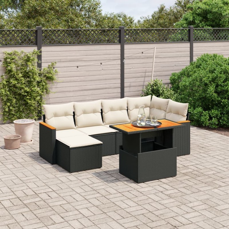 7-tlg. Garten-Sofagarnitur mit Kissen Schwarz Poly Rattan