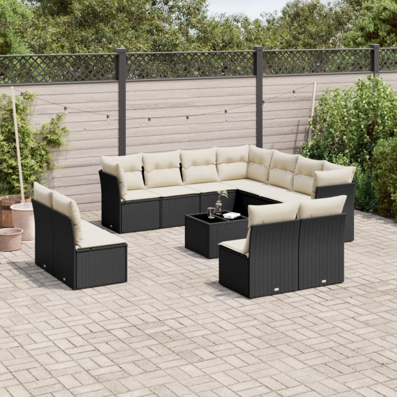 12-tlg. Garten-Sofagarnitur mit Kissen Schwarz Poly Rattan