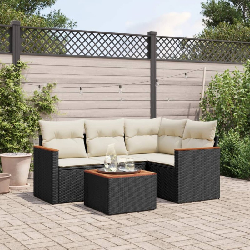 5-tlg. Garten-Sofagarnitur mit Kissen Schwarz Poly Rattan