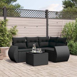 5-tlg. Garten-Sofagarnitur mit Kissen Schwarz Poly Rattan