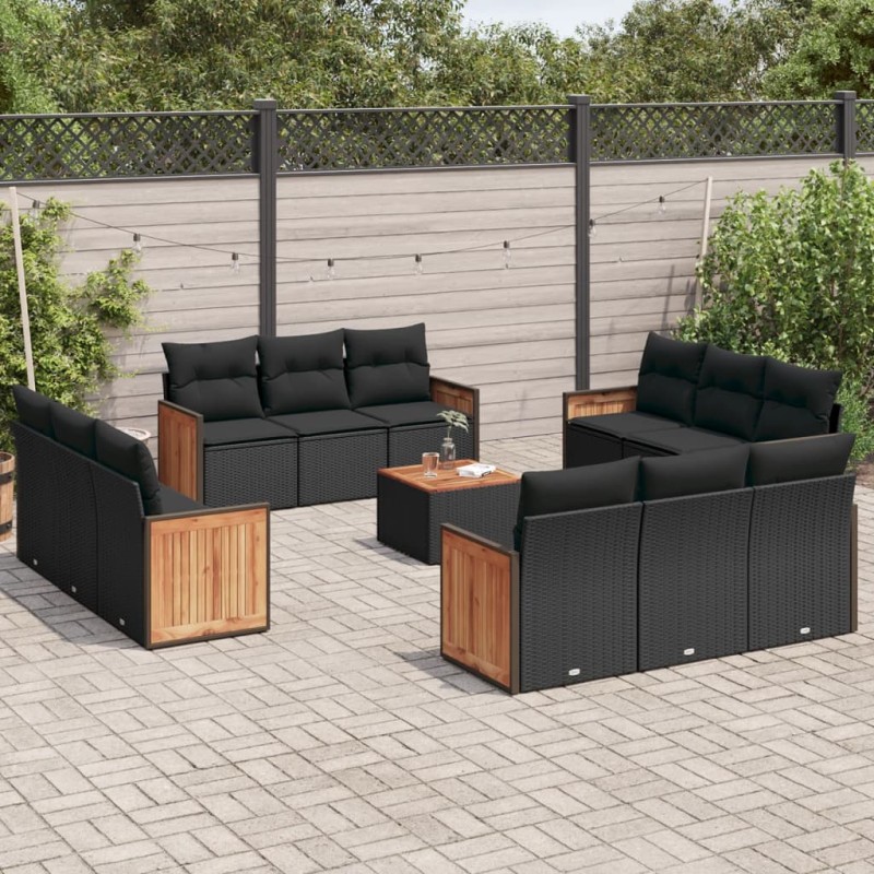 13-tlg. Garten-Sofagarnitur mit Kissen Schwarz Poly Rattan