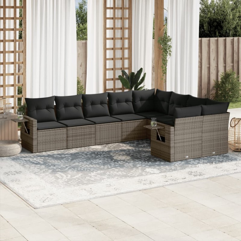 9-tlg. Garten-Sofagarnitur mit Kissen Grau Poly Rattan