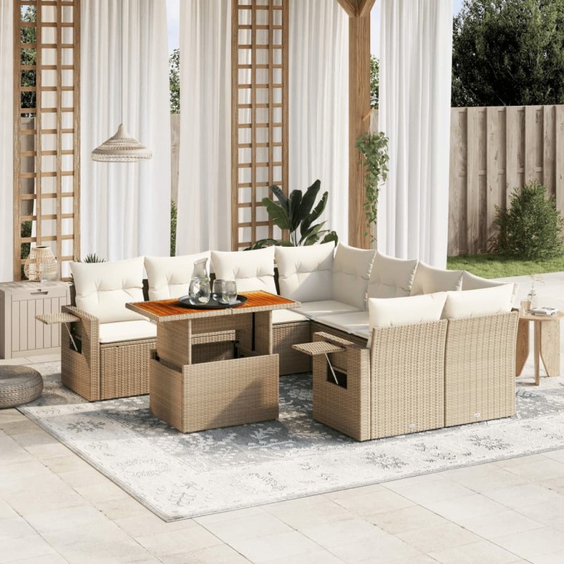 9-tlg. Garten-Sofagarnitur mit Kissen Beige Poly Rattan