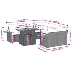 9-tlg. Garten-Sofagarnitur mit Kissen Grau Poly Rattan