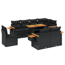 9-tlg. Garten-Sofagarnitur mit Kissen Schwarz Poly Rattan