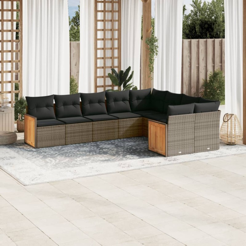 9-tlg. Garten-Sofagarnitur mit Kissen Grau Poly Rattan