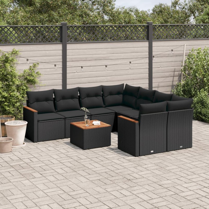 9-tlg. Garten-Sofagarnitur mit Kissen Schwarz Poly Rattan