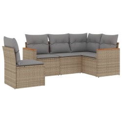 5-tlg. Garten-Sofagarnitur mit Kissen Beige Poly Rattan