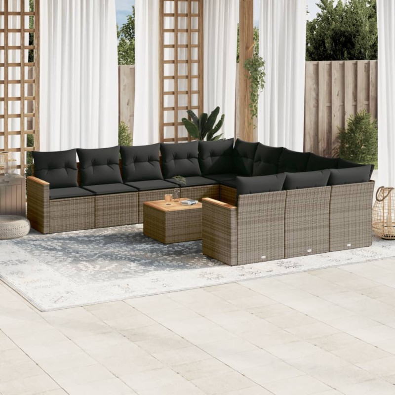 12-tlg. Garten-Sofagarnitur mit Kissen Grau Poly Rattan