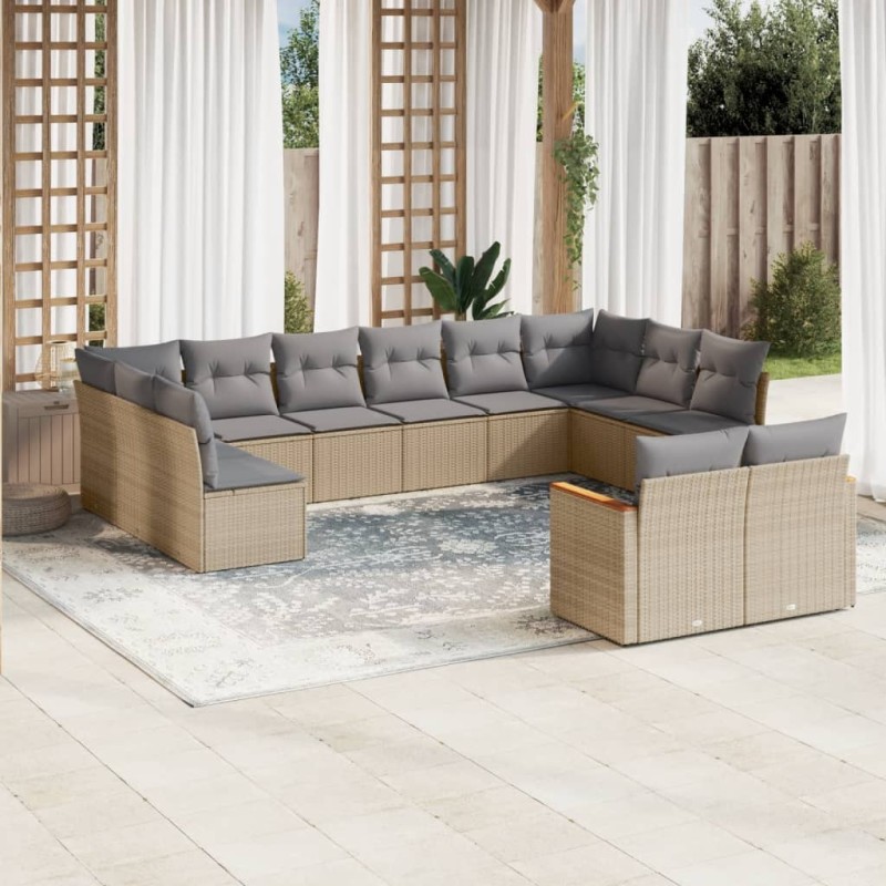 12-tlg. Garten-Sofagarnitur mit Kissen Beige Poly Rattan