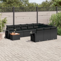 11-tlg. Garten-Sofagarnitur mit Kissen Schwarz Poly Rattan