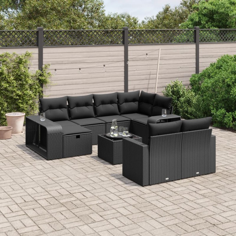 11-tlg. Garten-Sofagarnitur mit Kissen Schwarz Poly Rattan