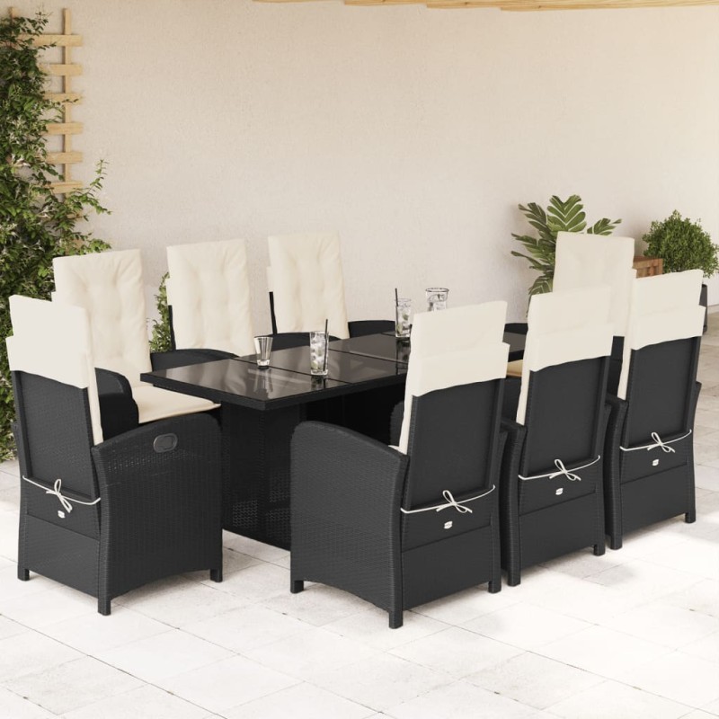 9-tlg. Garten-Essgruppe mit Kissen Schwarz Poly Rattan