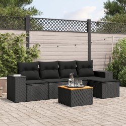 6-tlg. Garten-Sofagarnitur mit Kissen Schwarz Poly Rattan