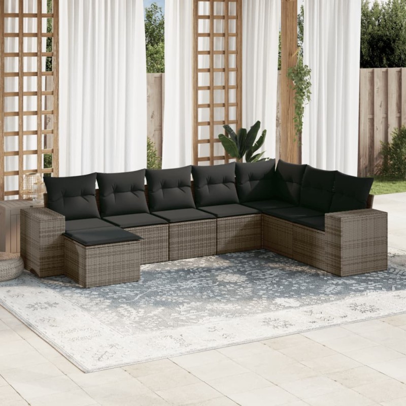 8-tlg. Garten-Sofagarnitur mit Kissen Grau Poly Rattan