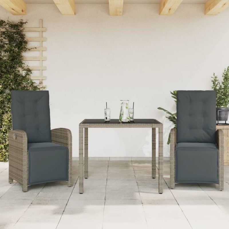 3-tlg. Bistro-Set mit Kissen Grau Poly Rattan