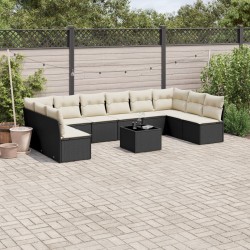 11-tlg. Garten-Sofagarnitur mit Kissen Schwarz Poly Rattan