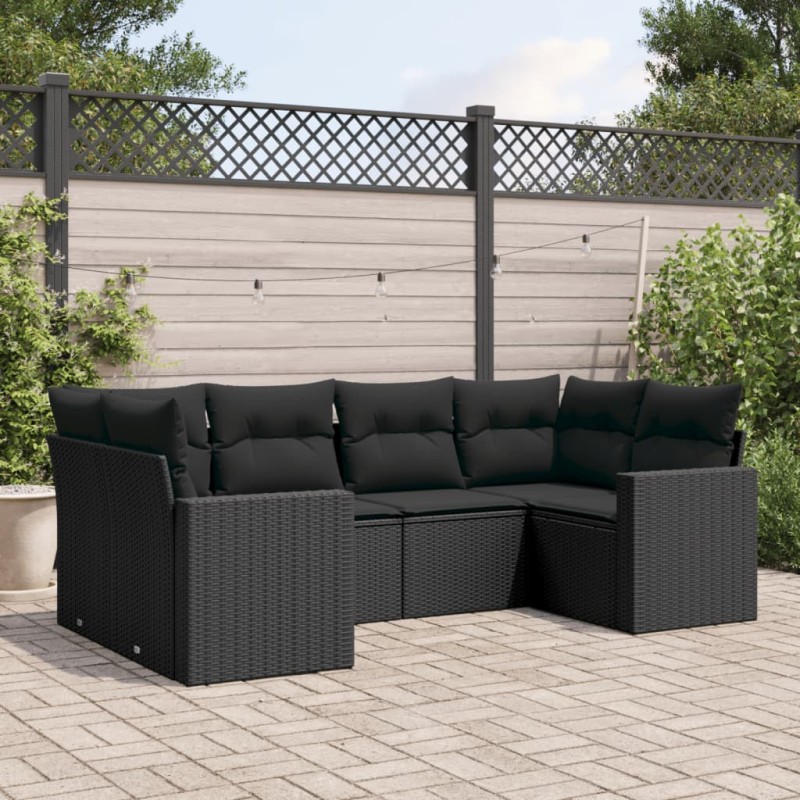 6-tlg. Garten-Sofagarnitur mit Kissen Schwarz Poly Rattan