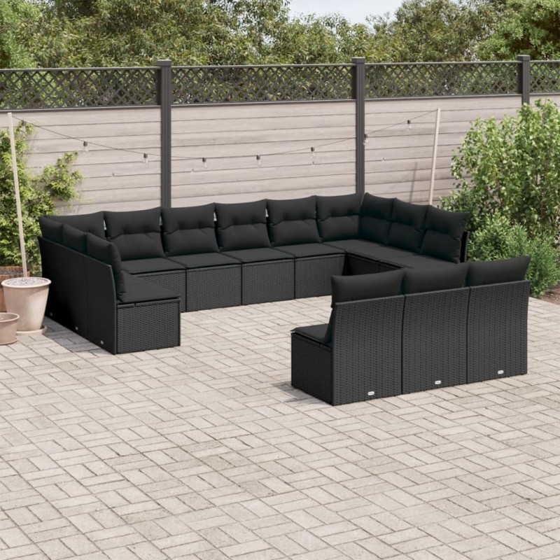 13-tlg. Garten-Sofagarnitur mit Kissen Schwarz Poly Rattan