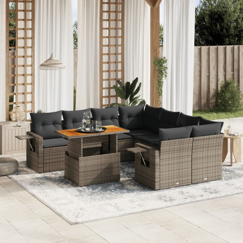 9-tlg. Garten-Sofagarnitur mit Kissen Grau Poly Rattan