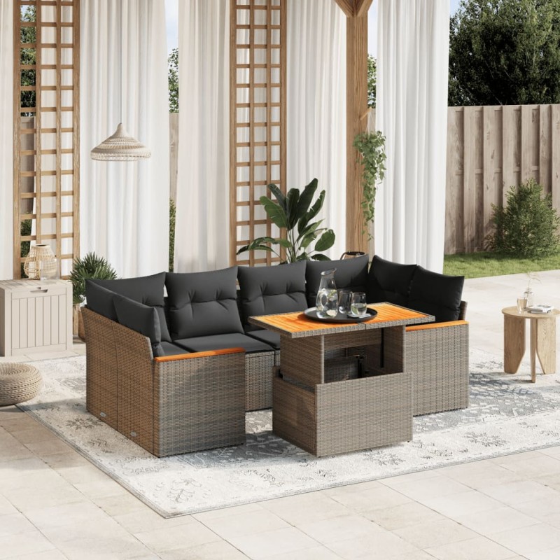 7-tlg. Garten-Sofagarnitur mit Kissen Grau Poly Rattan