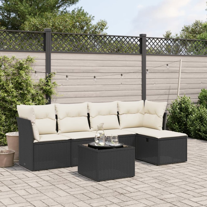 6-tlg. Garten-Sofagarnitur mit Kissen Schwarz Poly Rattan