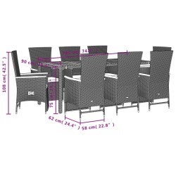 9-tlg. Garten-Essgruppe mit Kissen Schwarz Poly Rattan