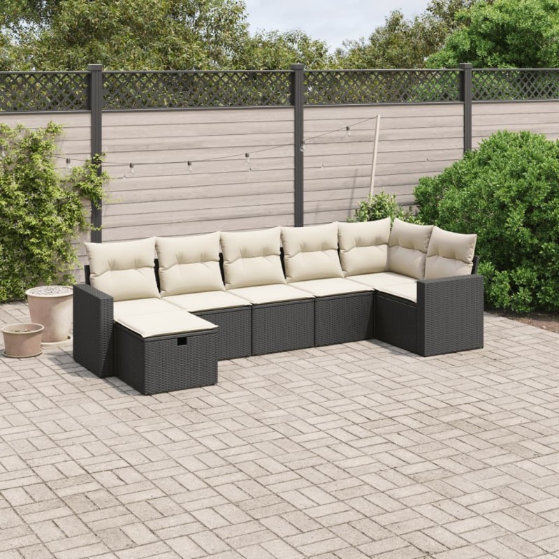 7-tlg. Garten-Sofagarnitur mit Kissen Schwarz Poly Rattan