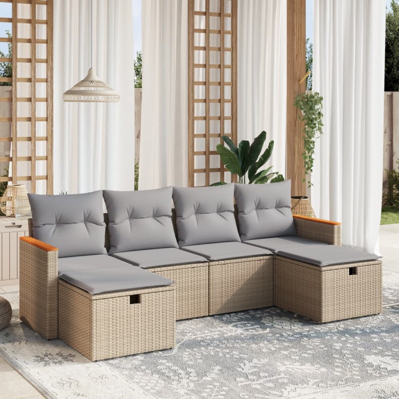 6-tlg. Garten-Sofagarnitur mit Kissen Beige Poly Rattan