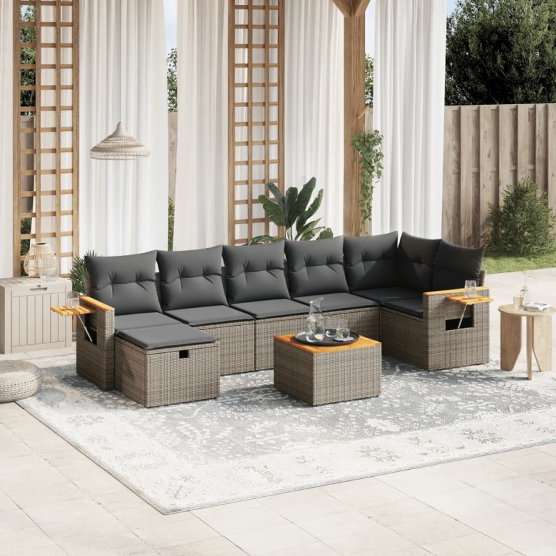 8-tlg. Garten-Sofagarnitur mit Kissen Grau Poly Rattan