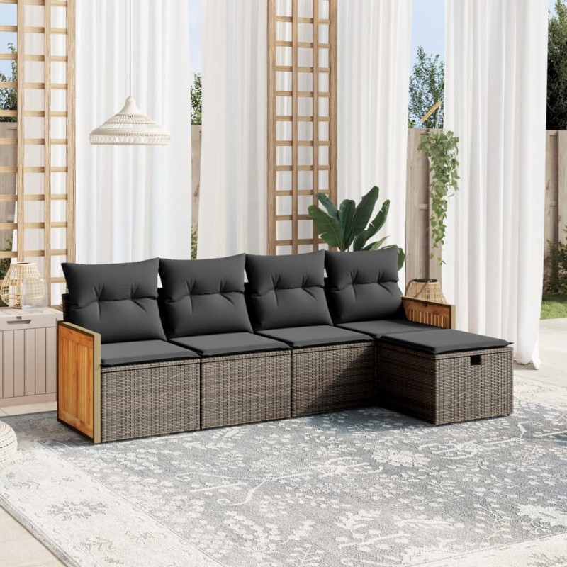 5-tlg. Garten-Sofagarnitur mit Kissen Grau Poly Rattan