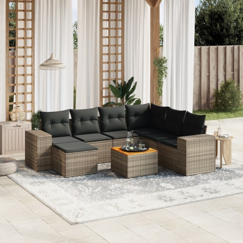 8-tlg. Garten-Sofagarnitur mit Kissen Grau Poly Rattan