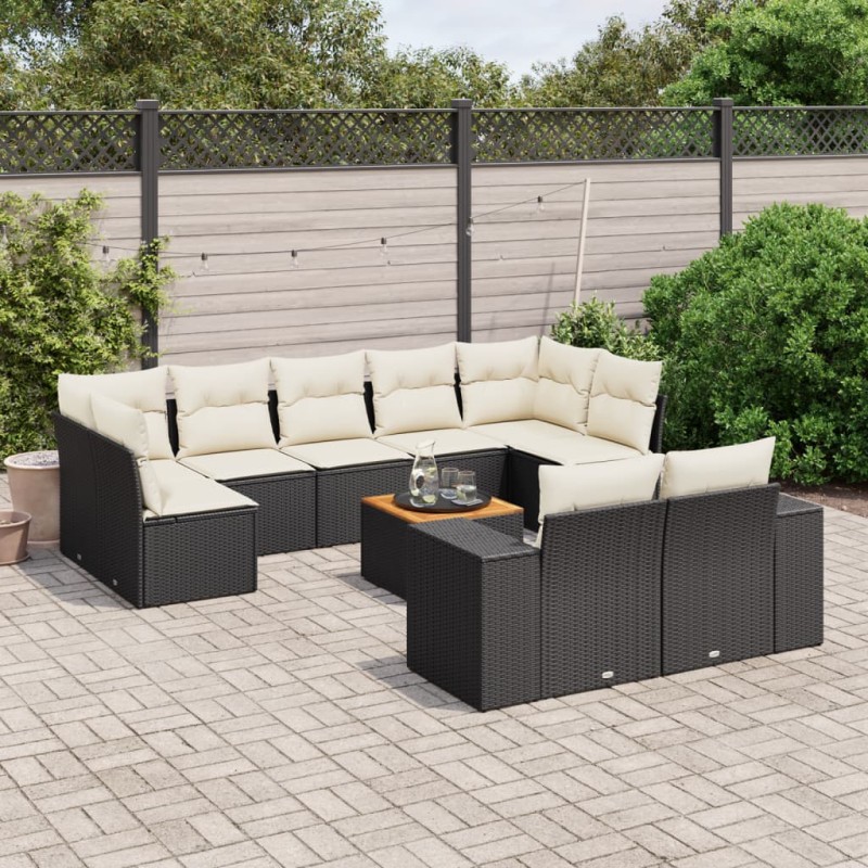 10-tlg. Garten-Sofagarnitur mit Kissen Schwarz Poly Rattan