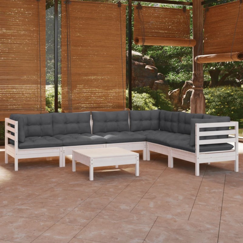 7-tlg. Garten-Lounge-Set mit Kissen Weiß Kiefer Massivholz