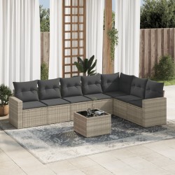 8-tlg. Garten-Sofagarnitur mit Kissen Hellgrau Poly Rattan