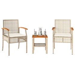 3-tlg. Bistro-Set mit Kissen Beige Poly Rattan Akazienholz