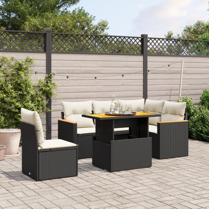 6-tlg. Garten-Sofagarnitur mit Kissen Schwarz Poly Rattan