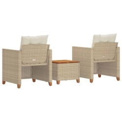 3-tlg. Bistro-Set mit Kissen Beige Poly Rattan Akazienholz