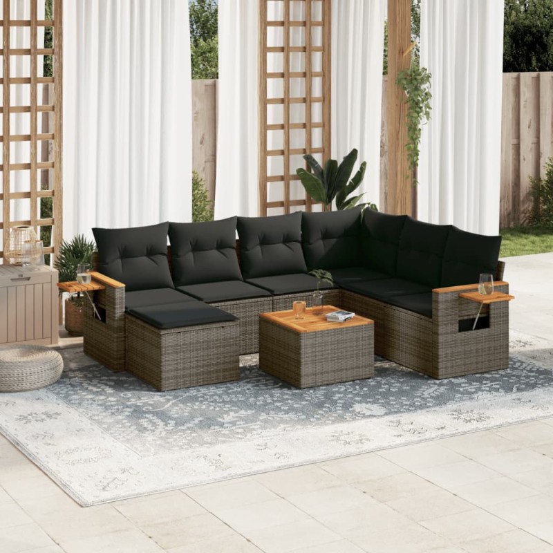 8-tlg. Garten-Sofagarnitur mit Kissen Grau Poly Rattan