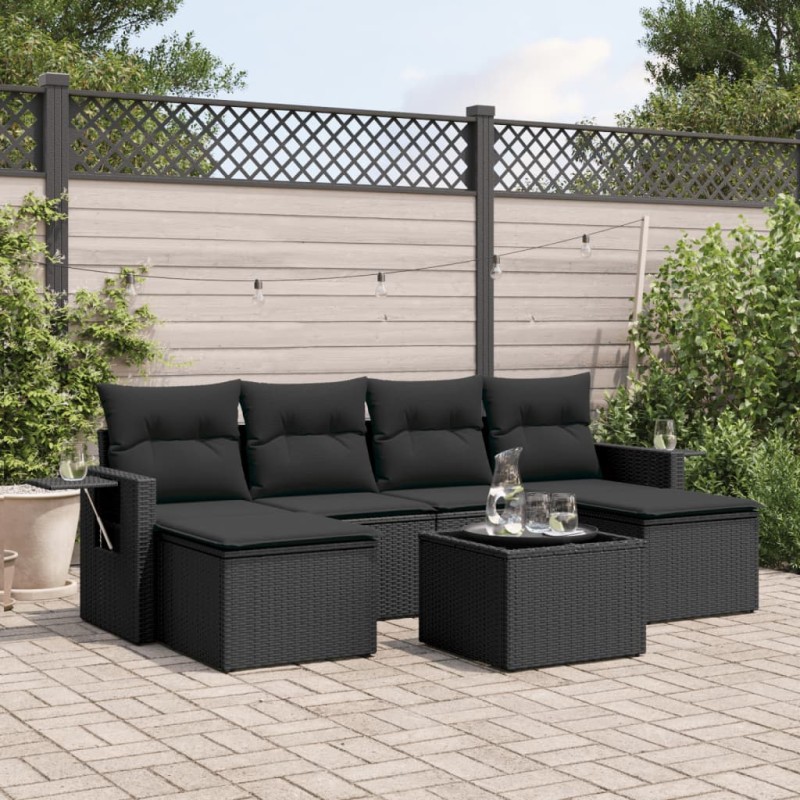 7-tlg. Garten-Sofagarnitur mit Kissen Schwarz Poly Rattan