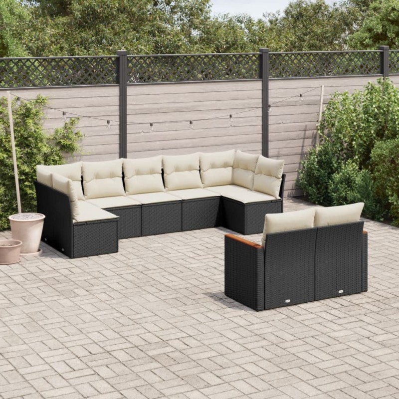 9-tlg. Garten-Sofagarnitur mit Kissen Schwarz Poly Rattan