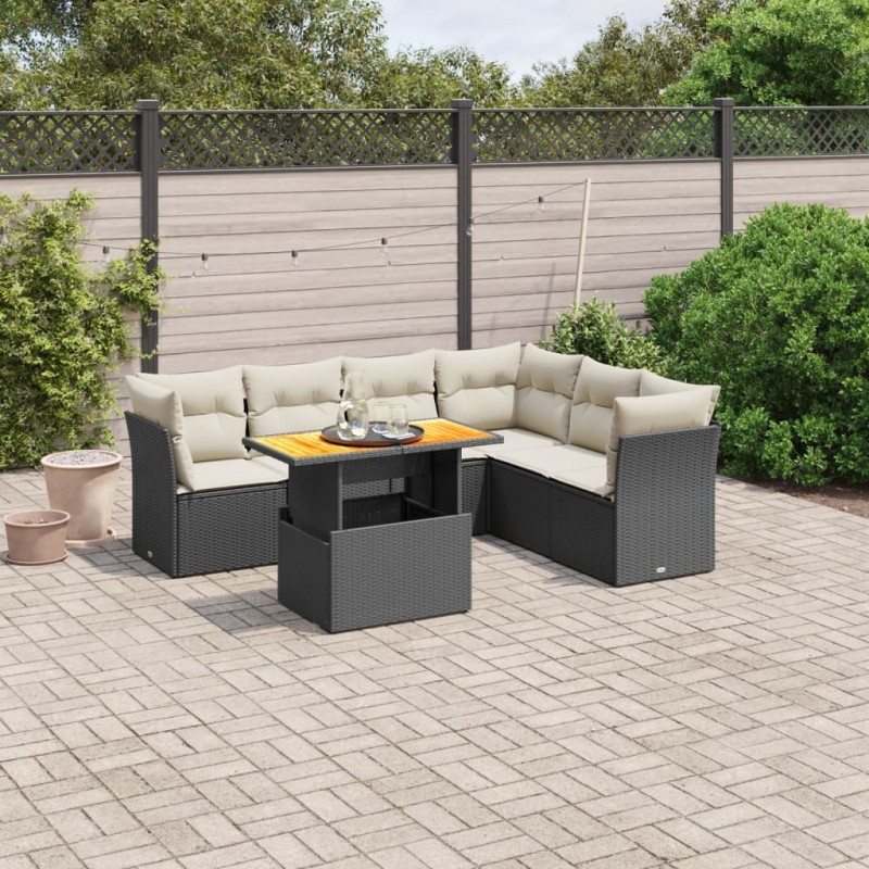 7-tlg. Garten-Sofagarnitur mit Kissen Schwarz Poly Rattan