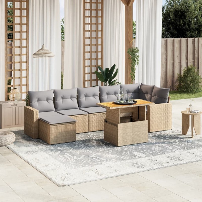 8-tlg. Garten-Sofagarnitur mit Kissen Beige Poly Rattan