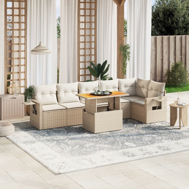 7-tlg. Garten-Sofagarnitur mit Kissen Beige Poly Rattan