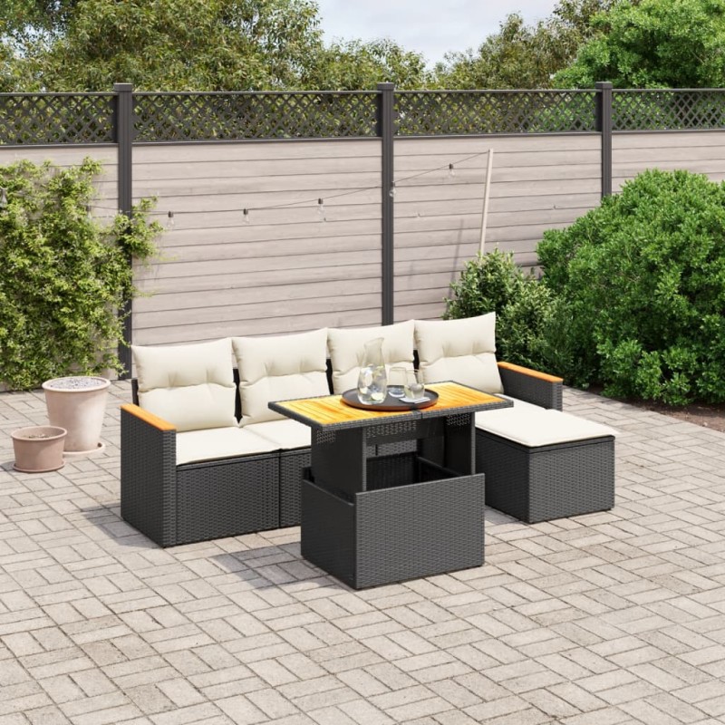 6-tlg. Garten-Sofagarnitur mit Kissen Schwarz Poly Rattan