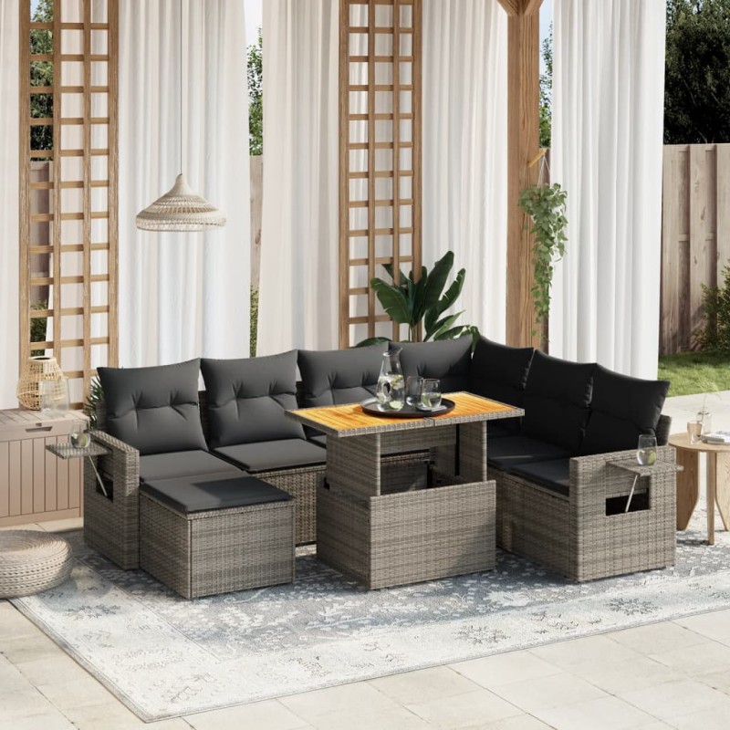 8-tlg. Garten-Sofagarnitur mit Kissen Grau Poly Rattan