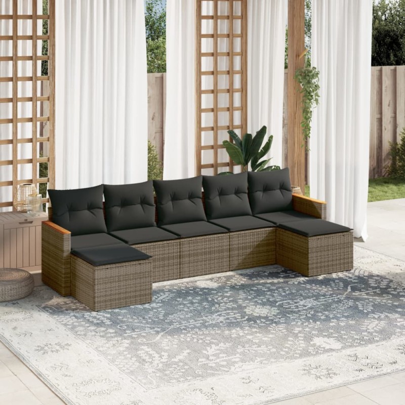 7-tlg. Garten-Sofagarnitur mit Kissen Grau Poly Rattan