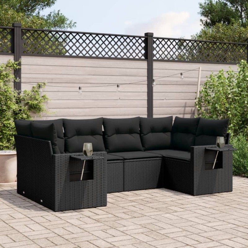 6-tlg. Garten-Sofagarnitur mit Kissen Schwarz Poly Rattan