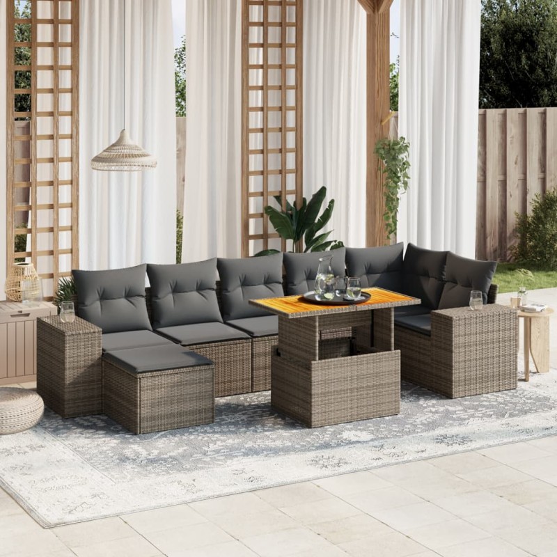 8-tlg. Garten-Sofagarnitur mit Kissen Grau Poly Rattan