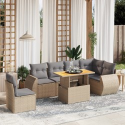 7-tlg. Garten-Sofagarnitur mit Kissen Beige Poly Rattan